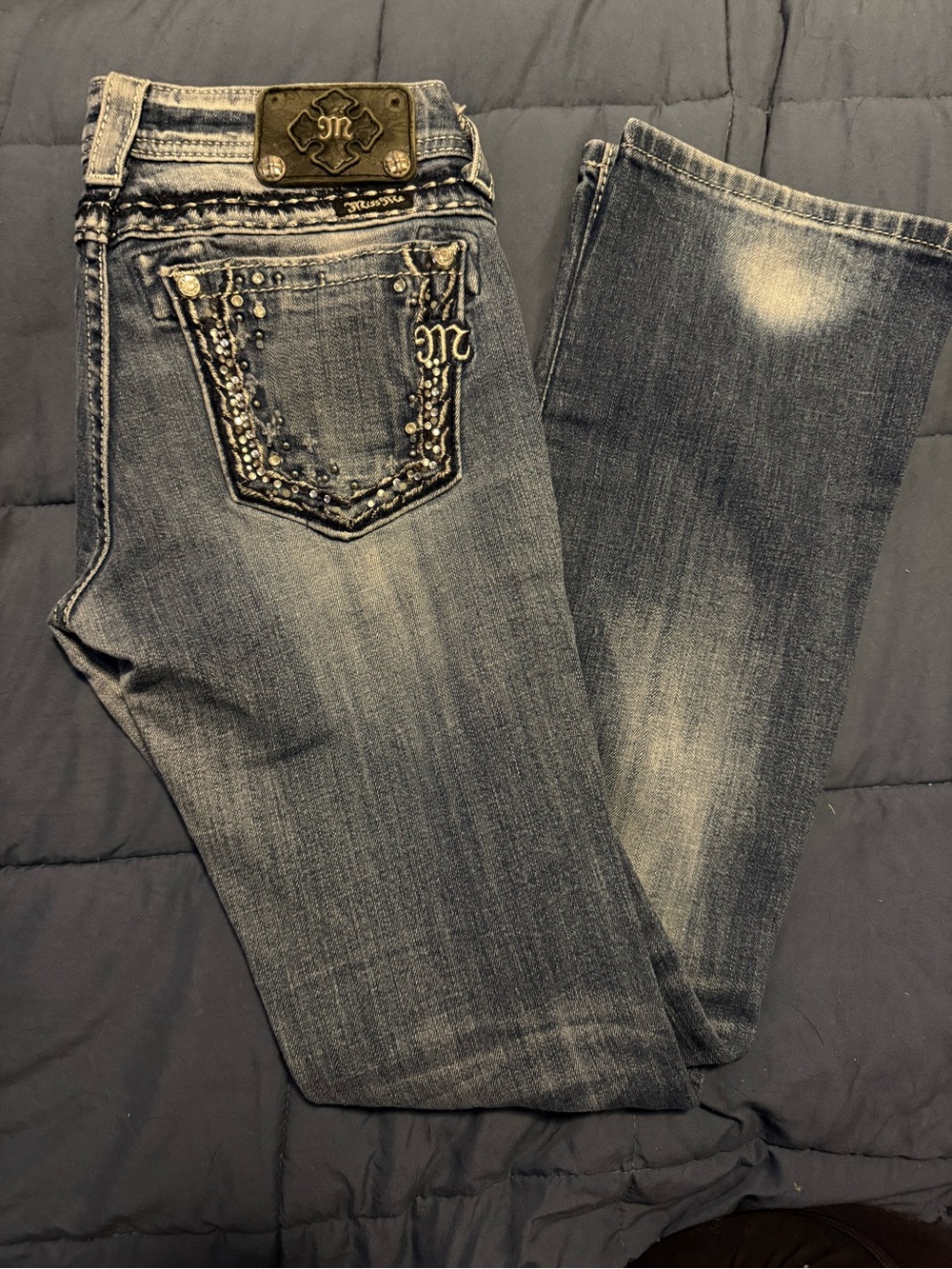 Miss Me Medium Blue Boot Cut Jeans with Embellished Pocket